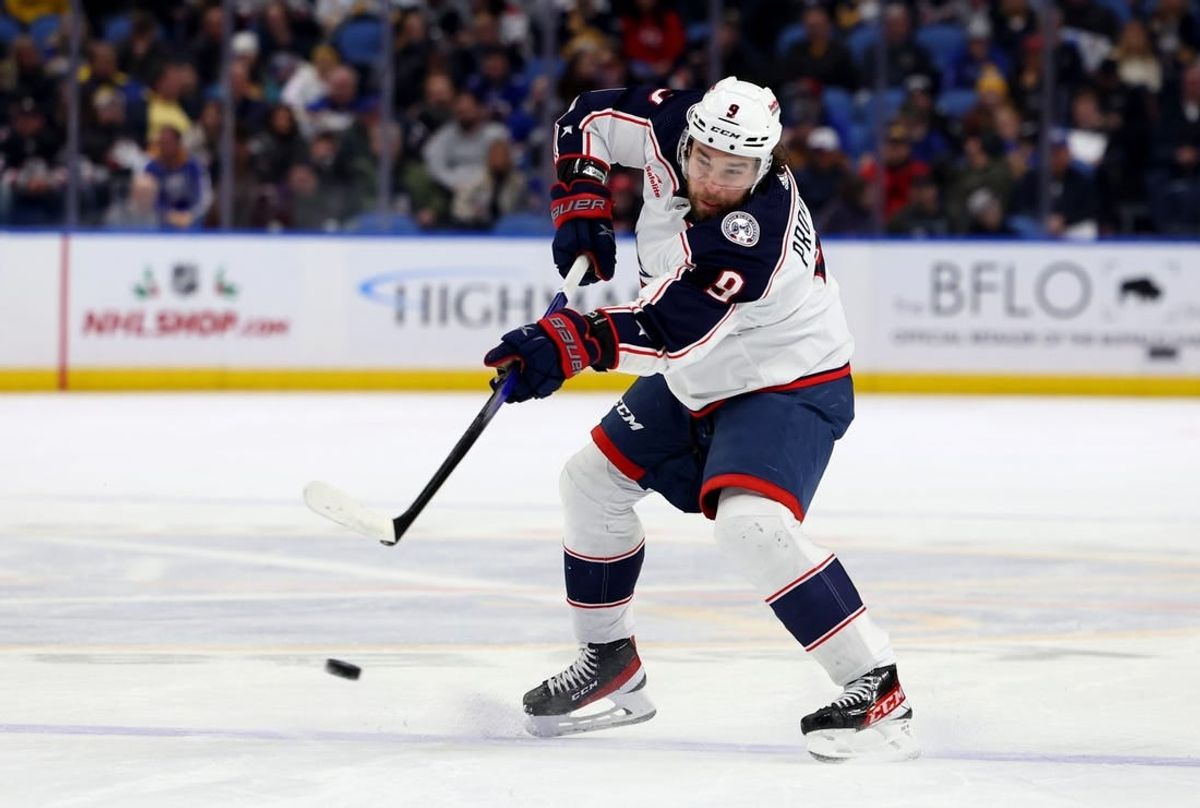 Dec 19, 2023; Buffalo, New York, USA;  Columbus Blue Jackets defenseman Ivan Provorov (9) takes a shot on goal during the first period against the Buffalo Sabres at KeyBank Center.