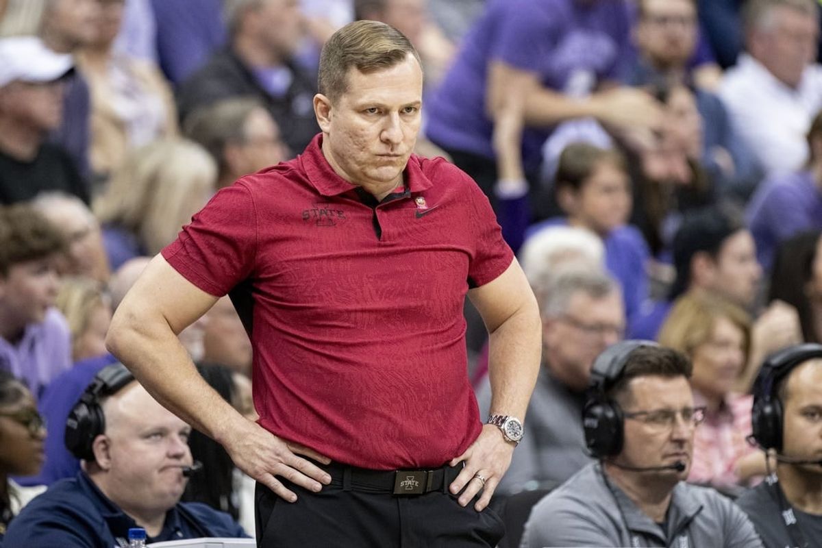 Mar 14, 2024; Kansas City, MO, USA; Iowa State Cyclones head coach TJ Otzelberger looks on during the first half against the Kansas State Wildcats at T-Mobile Center.
