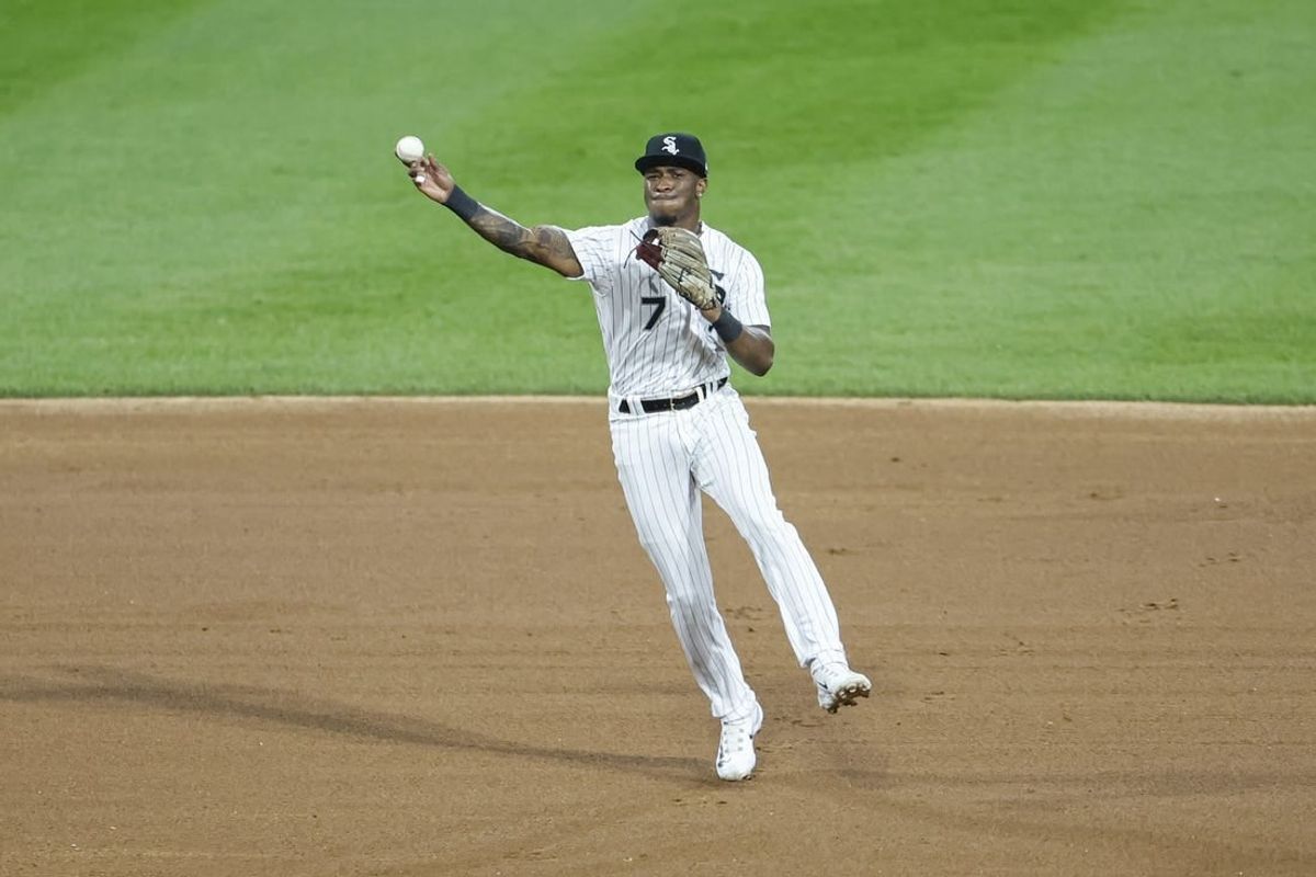 Sep 30, 2023; Chicago, Illinois, USA; Chicago White Sox shortstop Tim Anderson (7) throws to first base for San Diego Padres out during the sixth inning at Guaranteed Rate Field.