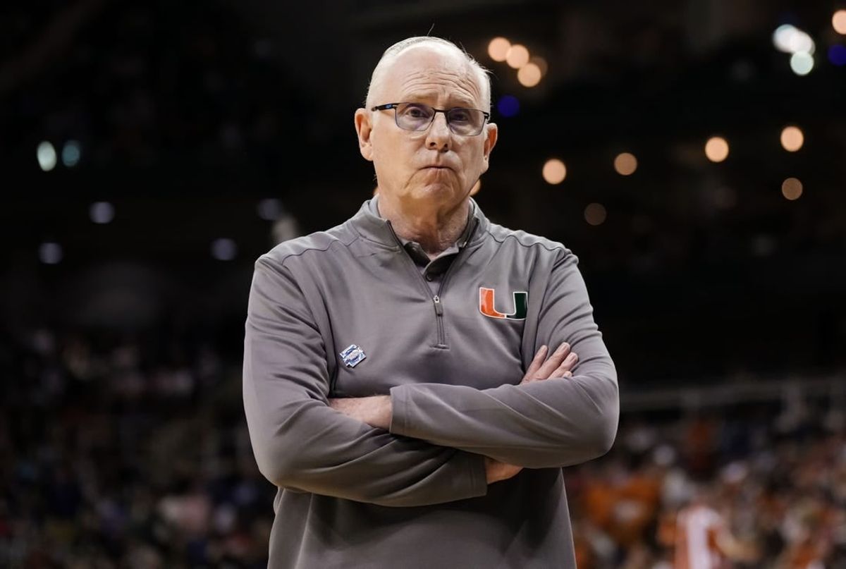 Mar 26, 2023; Kansas City, MO, USA; Miami (Fl) Hurricanes head coach Jim Larranaga reacts during the second half of an Elite 8 college basketball game in the Midwest Regional of the 2023 NCAA Tournament against the Texas Longhorns at T-Mobile Center.