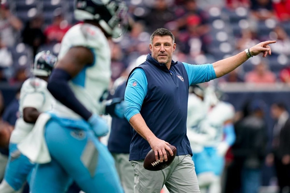 Tennessee Titans Head Coach Mike Vrabel runs his team through warmups before their game against the Houston Texans at NRG Stadium in Houston, Texas., Sunday, Dec. 31, 2023. Vrabel was fired by owner Amy Adams Strunk Monday after having two losing seasons back-to-back.