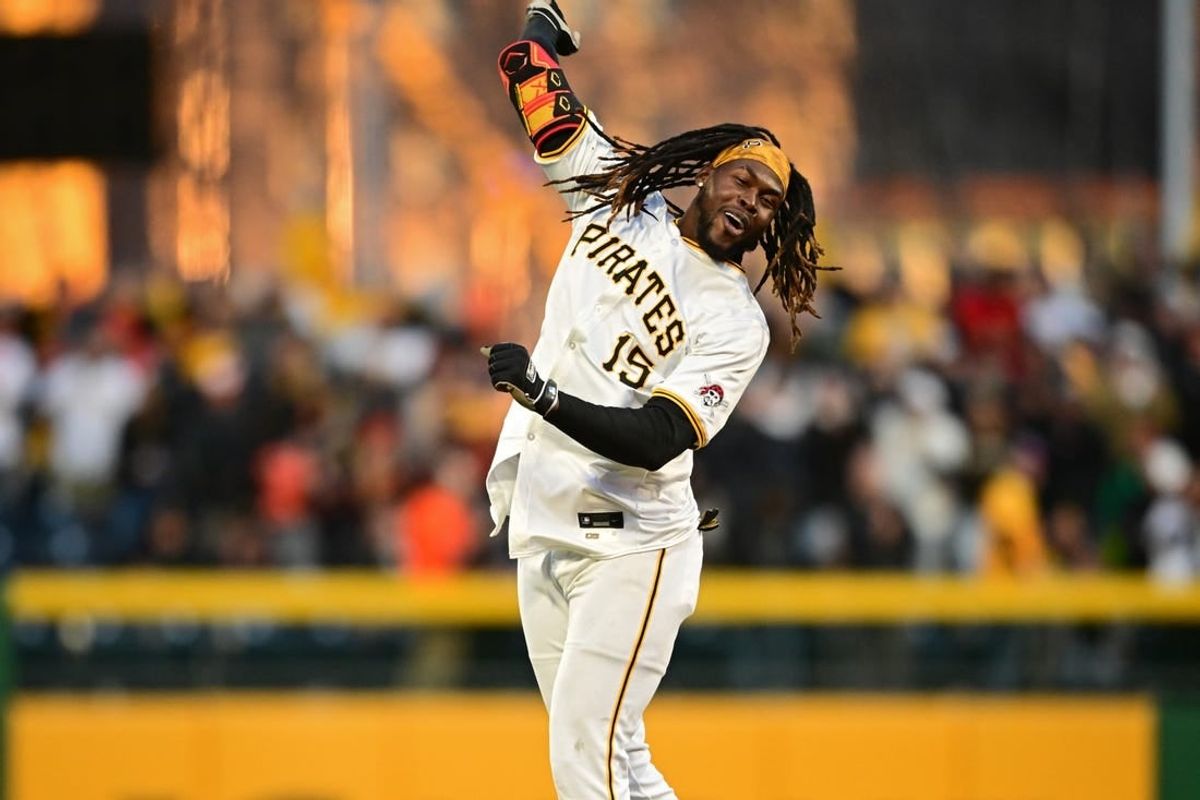 Apr 6, 2024; Pittsburgh, Pennsylvania, USA; Pittsburgh Pirates shortstop Oneil Cruz (15) celebrates after hitting a game winning walk off single during the eleventh inning against the Baltimore Orioles at PNC Park.
