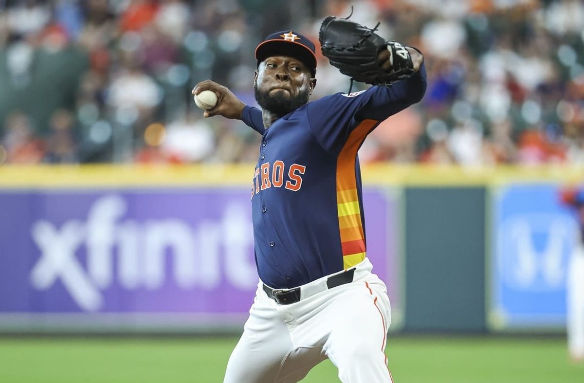 Apr 14, 2024; Houston, Texas, USA; Houston Astros pitcher Cristian Javier (53) delivers a pitch during the first inning against the Texas Rangers at Minute Maid Park.