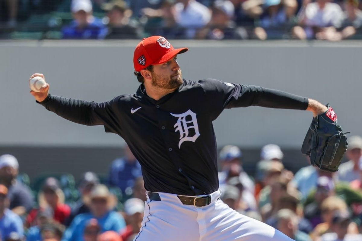 Mar 14, 2024; Lakeland, Florida, USA; Detroit Tigers starting pitcher Casey Mize (12) pitches during the first inning against the New York Yankees at Publix Field at Joker Marchant Stadium.