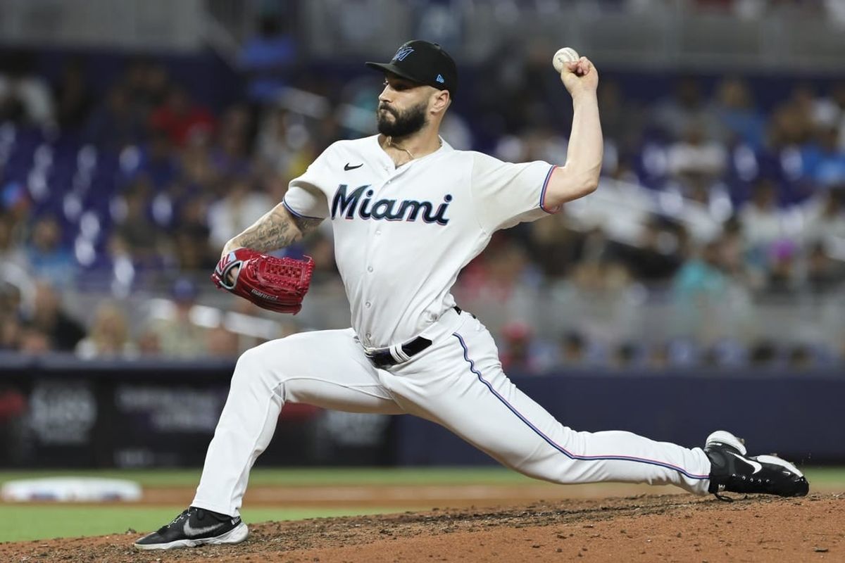 Sep 5, 2023; Miami, Florida, USA; Miami Marlins relief pitcher Tanner Scott (66) delivers a pitch against the Los Angeles Dodgers during the ninth inning at loanDepot Park.