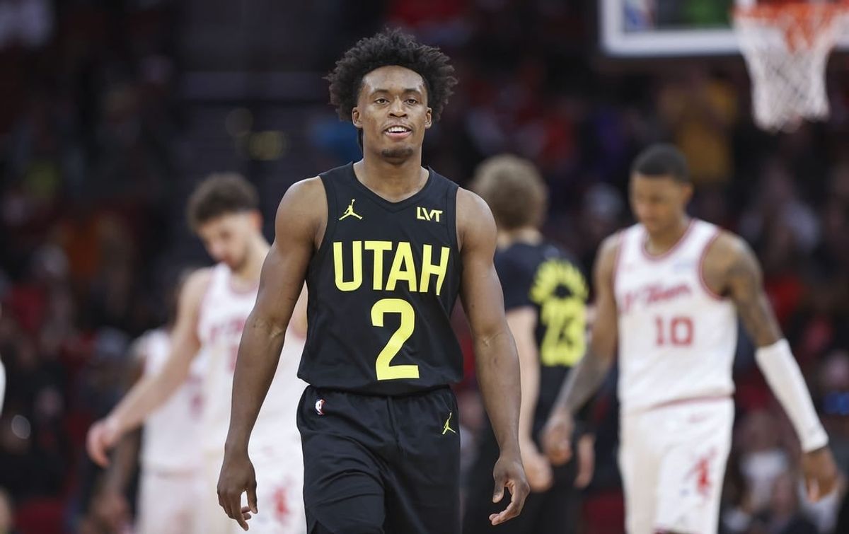 Jan 20, 2024; Houston, Texas, USA; Utah Jazz guard Collin Sexton (2) reacts during the game against the Houston Rockets at Toyota Center.