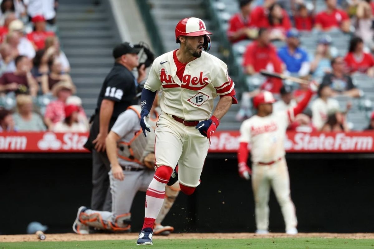 Sep 17, 2023; Anaheim, California, USA; Los Angeles Angels left fielder Randal Grichuk (15) reacts to his two-run home run during the sixth inning against the Detroit Tigers at Angel Stadium.