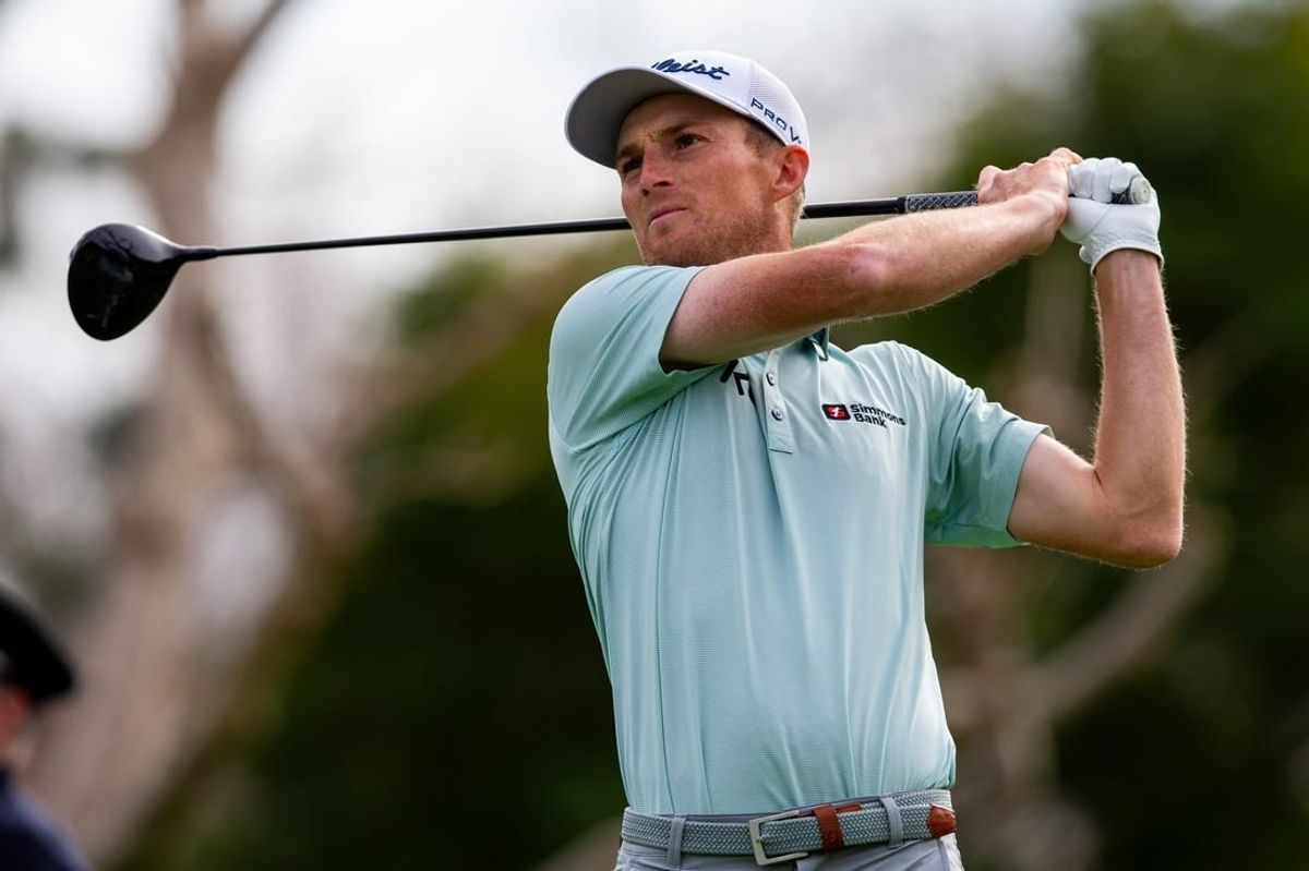 Feb 18, 2024; Pacific Palisades, California, USA; Will  Zalatoris tees off on the sixteenth hole during the final round of The Genesis Invitational golf tournament at Riveria Country Club.