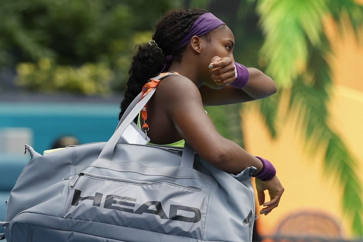Mar 25, 2024; Miami Gardens, FL, USA; Coco Gauff (USA) leaves the court after her match against Caroline Garcia (FRA) (not pictured) on day eight of the Miami Open at Hard Rock Stadium.