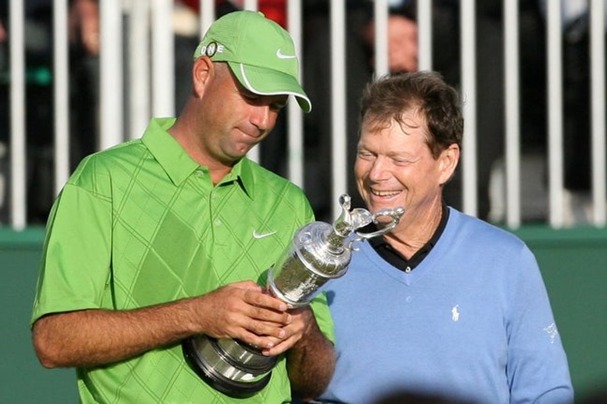 July 18, 2009; Turnberry, SCOTLAND; Stewart Cink (USA) (left) and Tom Watson (USA) after Cink defeated Watson in a playoff at the 2009 British Open at Turnberry Country Club. Mandatory Credit: Simon Stacpoole/Offside Sports via Imagn Images