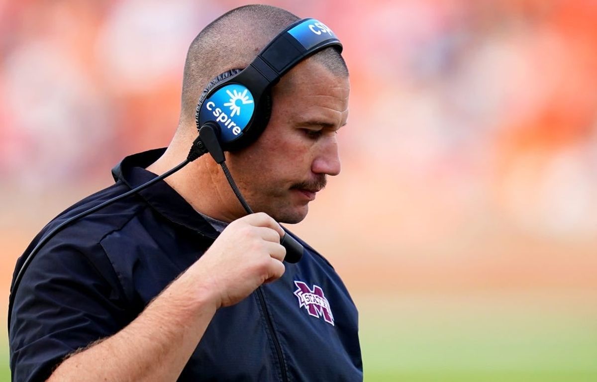 Oct 28, 2023; Auburn, Alabama, USA; Mississippi State Bulldogs head coach Zach Arnett reacts after a failed series of down against the Auburn Tigers during the second half at Jordan-Hare Stadium.