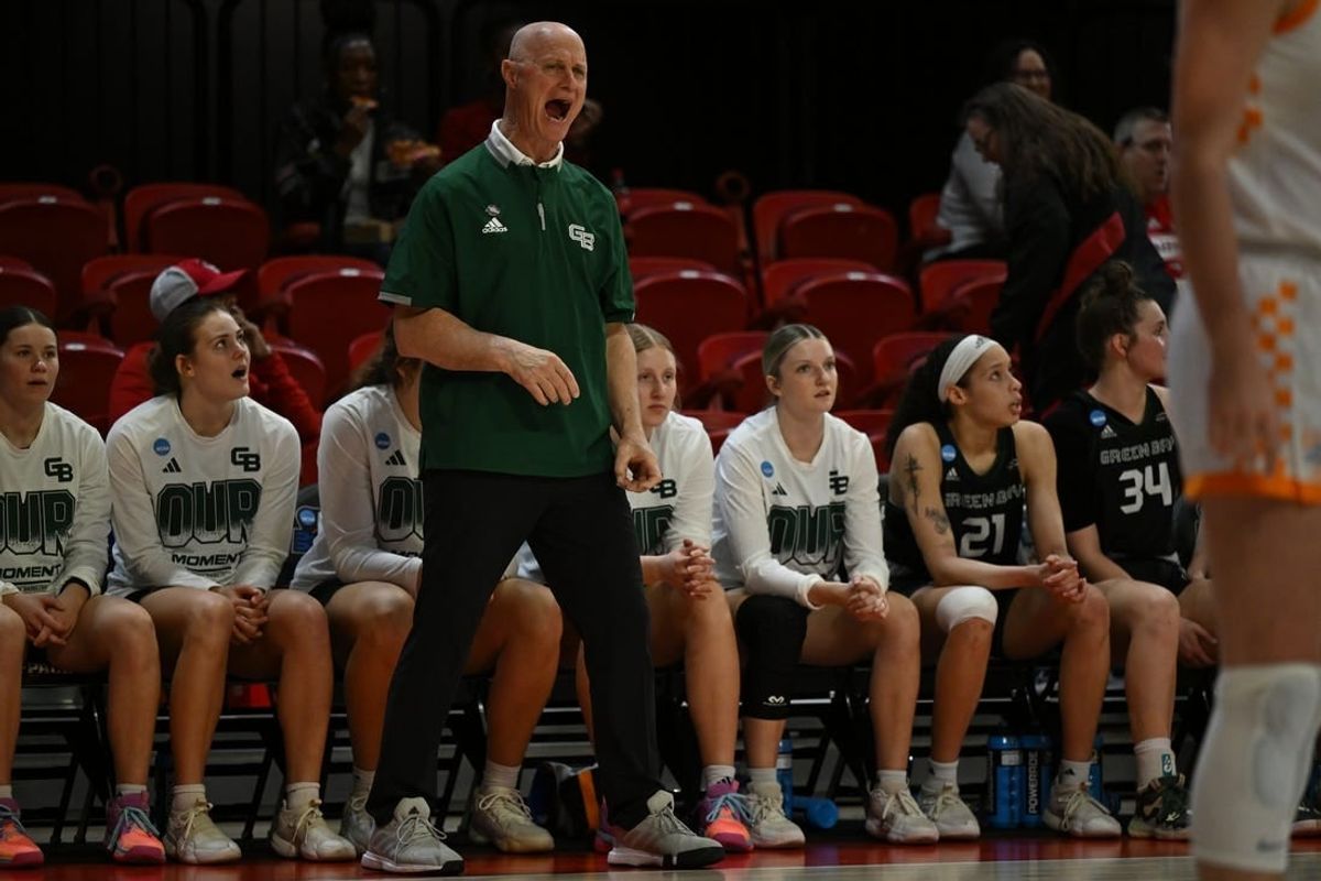 Mar 23, 2024; Raleigh, North Carolina, USA; Green Bay Phoenix head coach Kevin Borseth calls out to his defense in the first round of the 2024 NCAA Women's Tournament at James T. Valvano Arena at William Neal Reynolds.