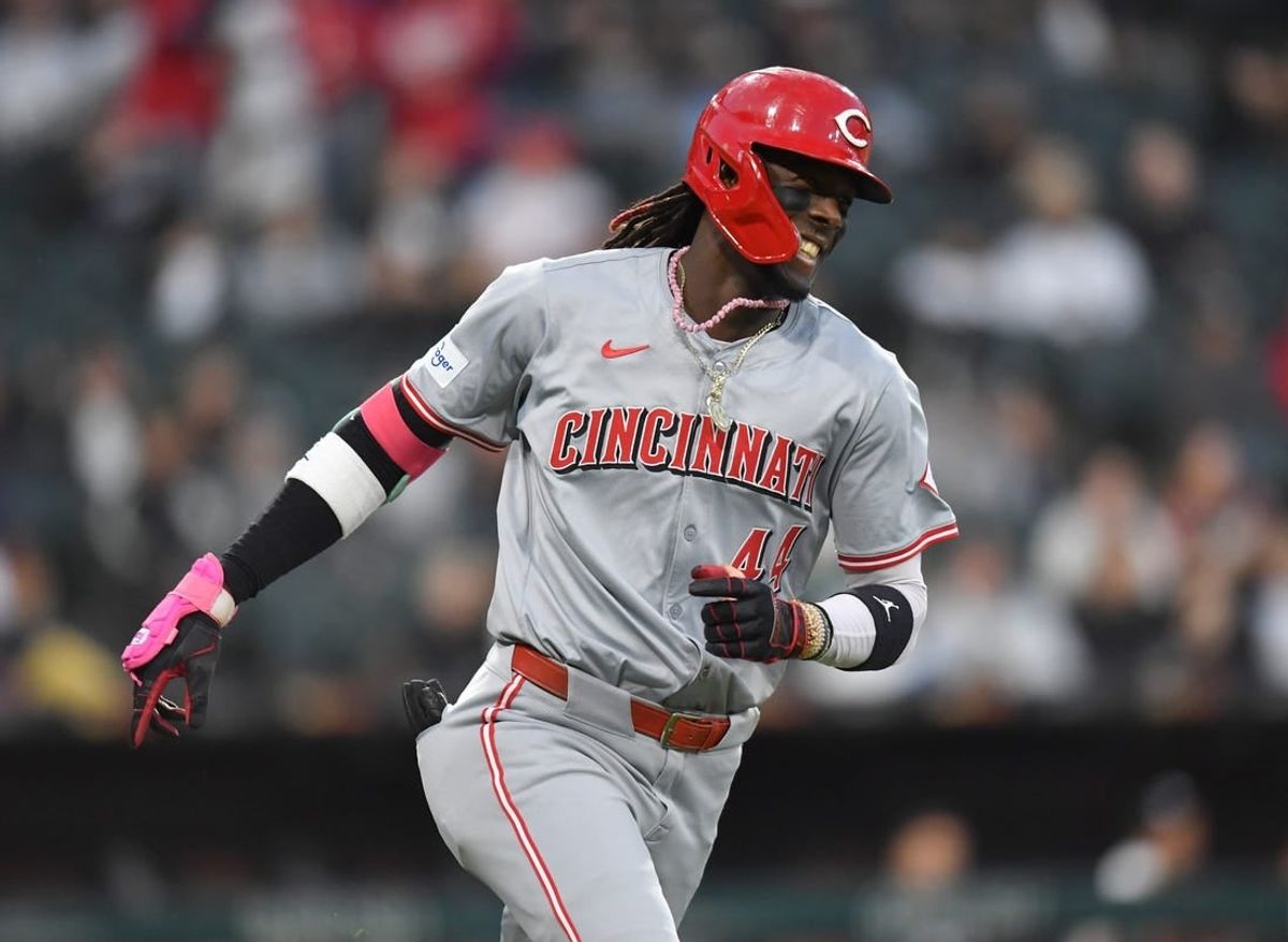 Apr 12, 2024; Chicago, Illinois, USA; Cincinnati Reds shortstop Elly De La Cruz (44) celebrates his three-run home run during the third inning against Chicago White Sox at Guaranteed Rate Field.