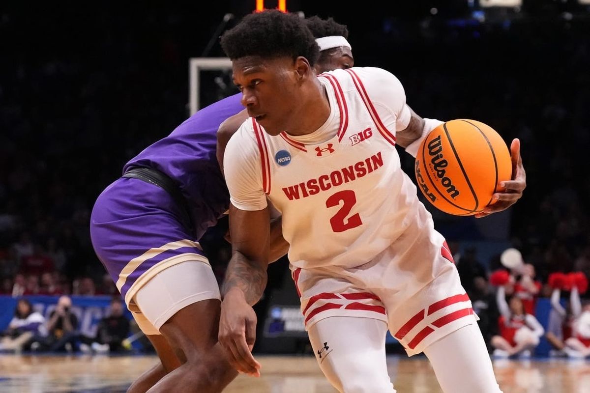 Mar 22, 2024; Brooklyn, NY, USA; Wisconsin Badgers guard AJ Storr (2) dribbles the ball against the James Madison Dukes in the first round of the 2024 NCAA Tournament at the Barclays Center.