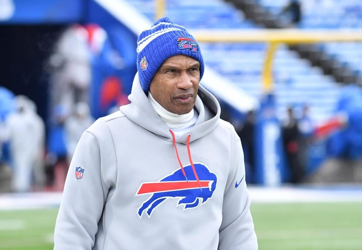Jan 15, 2023; Orchard Park, NY, USA; Buffalo Bills defensive coordinator Leslie Frazier looks on before playing against the Miami Dolphins in a NFL wild card game at Highmark Stadium.