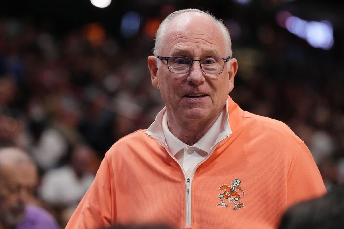Nov 1, 2023; Miami, Florida, USA; Miami Hurricanes head coach Jim Larranaga in attendance for the game between the Miami Heat and the Brooklyn Nets during the first half at Kaseya Center.
