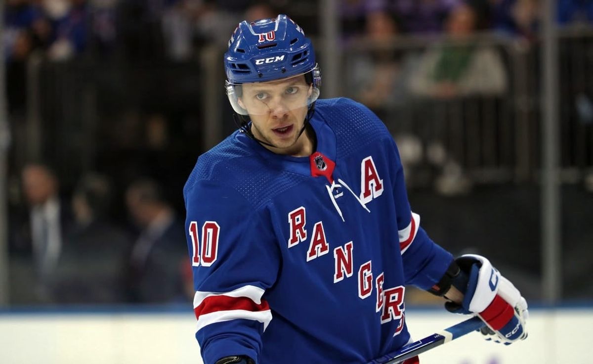 Nov 27, 2023; New York, New York, USA; New York Rangers left wing Artemi Panarin (10) skates against the Buffalo Sabres during the first period at Madison Square Garden.