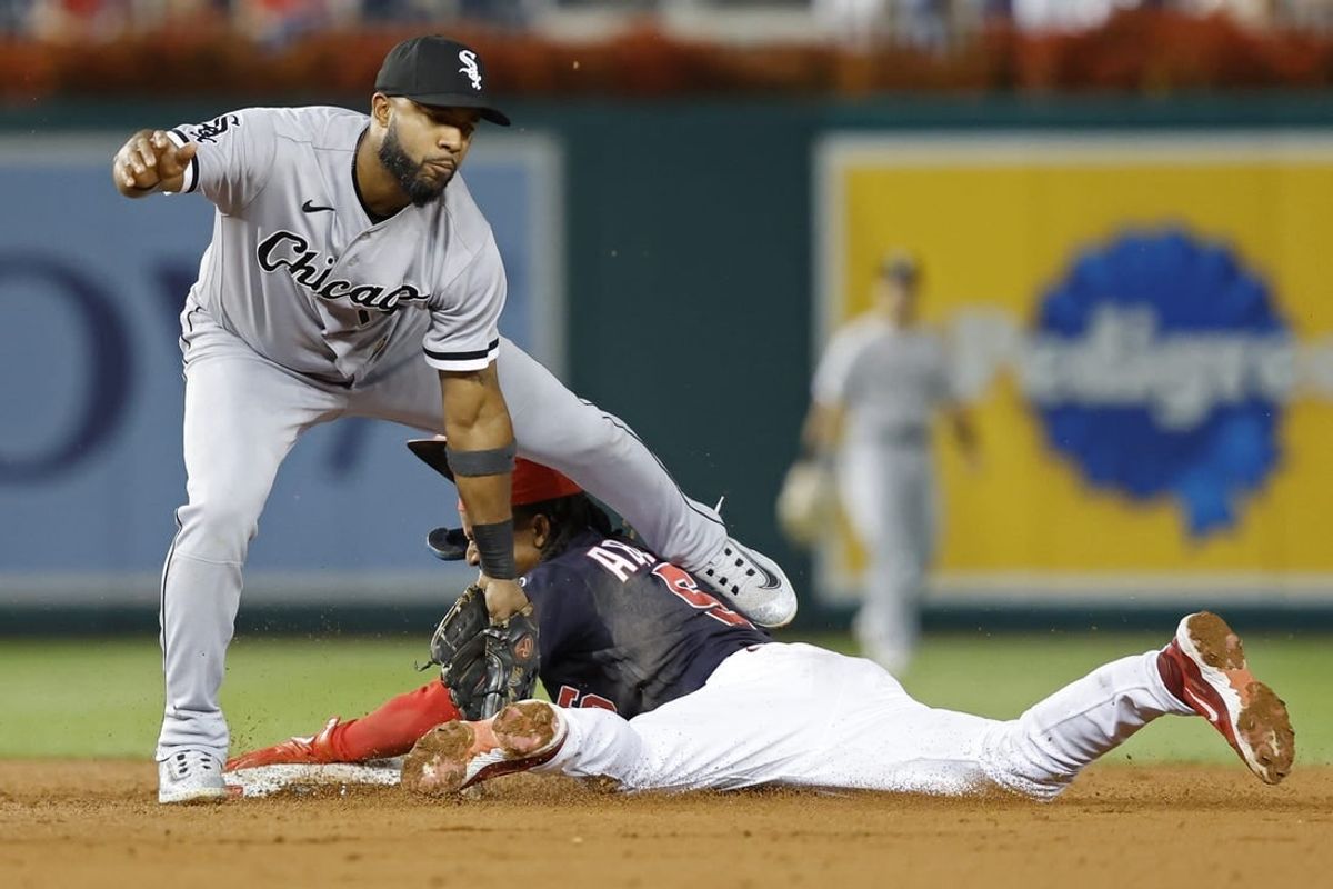Sep 18, 2023; Washington, District of Columbia, USA; Washington Nationals shortstop CJ Abrams (5) steals second base ahead of a tag by Chicago White Sox shortstop Elvis Andrus (1) during the third inning at Nationals Park.