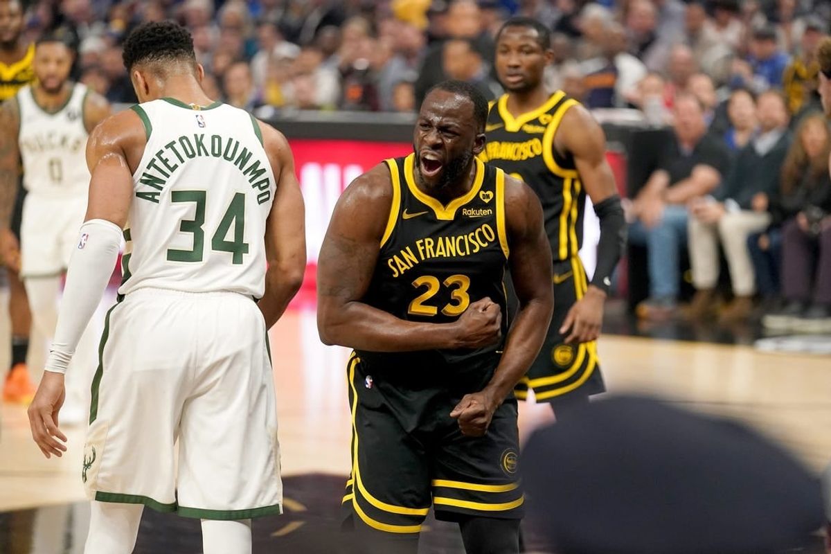 Mar 6, 2024; San Francisco, California, USA; Golden State Warriors forward Draymond Green (23) reacts after being called for a foul against the Milwaukee Bucks in the first quarter at the Chase Center.
