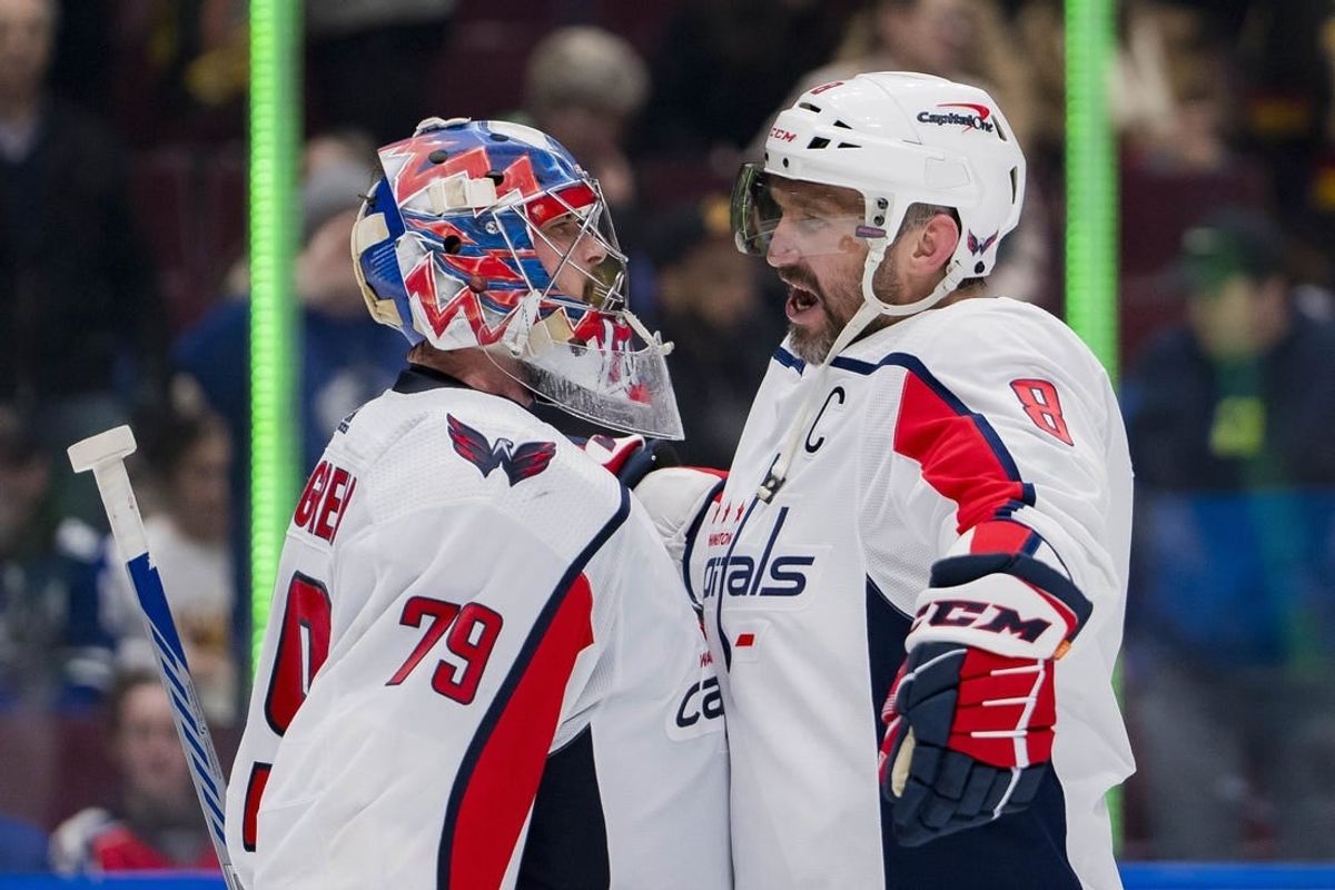 Mar 16, 2024; Vancouver, British Columbia, CAN; Washington Capitals goalie Charlie Lindgren (79) and forward Alex Ovechkin (8) celebrate their victory against the Vancouver Canucks at Rogers Arena. Washington won 2 -1.