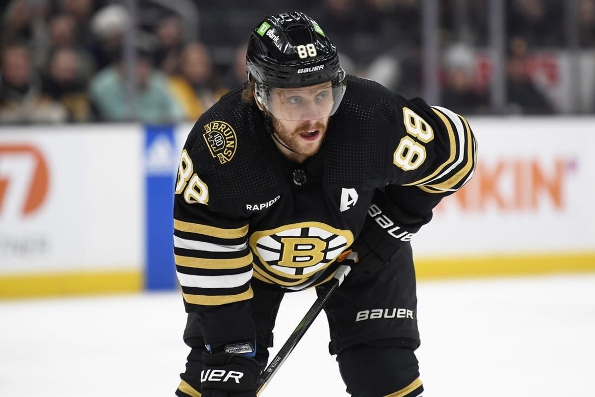 Dec 7, 2023; Boston, Massachusetts, USA; Boston Bruins right wing David Pastrnak (88) gets set for a face off during the second period against the Buffalo Sabres at TD Garden.