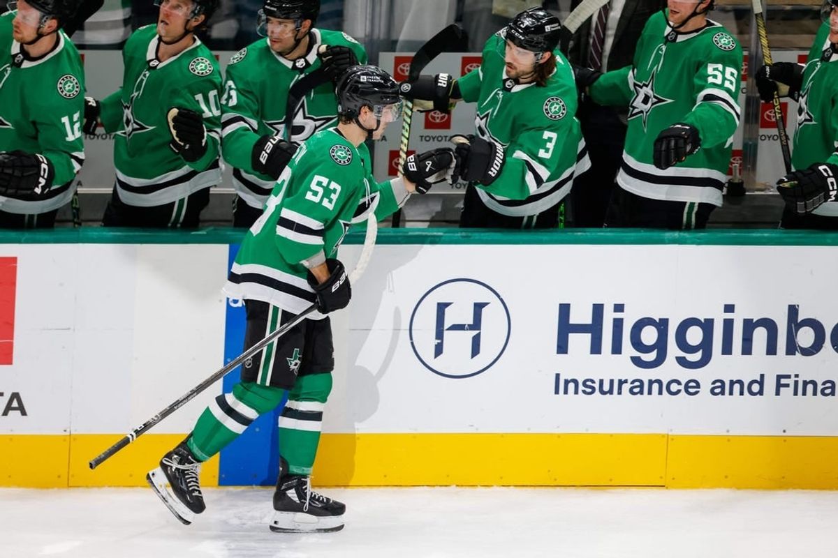 Mar 16, 2024; Dallas, Texas, USA; Dallas Stars center Wyatt Johnston (53) celebrates with his teammates after scoring a goal during the first period against the Los Angeles Kings at American Airlines Center.