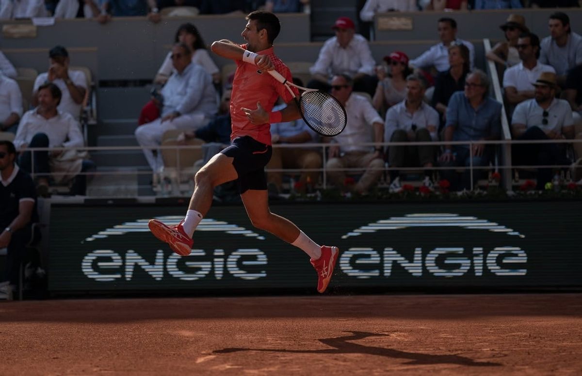 Jun 6 2023; Paris,France; Novak Djokovic (SRB) returns a shot during his match against Karen Khachanov on day 10 at Stade Roland-Garros.