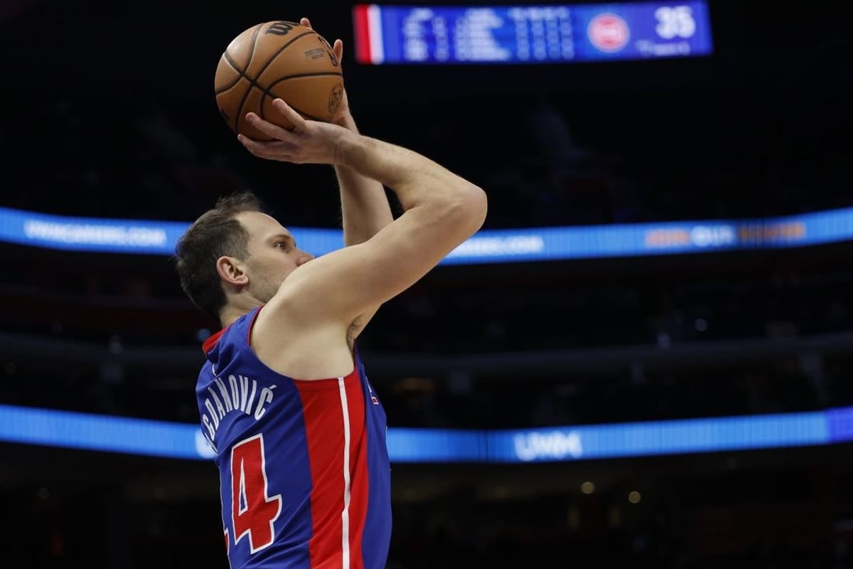 Jan 24, 2024; Detroit, Michigan, USA;  Detroit Pistons forward Bojan Bogdanovic (44) shoots in the first half against the Charlotte Hornets at Little Caesars Arena.