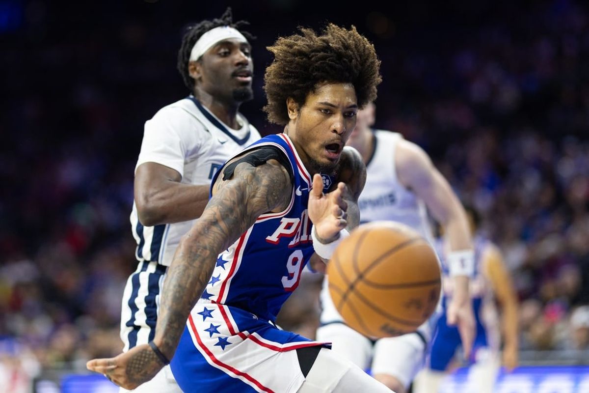 Mar 6, 2024; Philadelphia, Pennsylvania, USA; Philadelphia 76ers guard Kelly Oubre Jr. (9) looses control of the ball while driving against the Memphis Grizzlies during the second quarter at Wells Fargo Center.