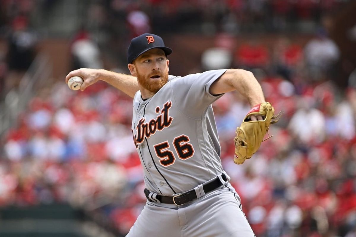 May 6, 2023; St. Louis, Missouri, USA;  Detroit Tigers starting pitcher Spencer Turnbull (56) pitches against the St. Louis Cardinals during the first inning at Busch Stadium.