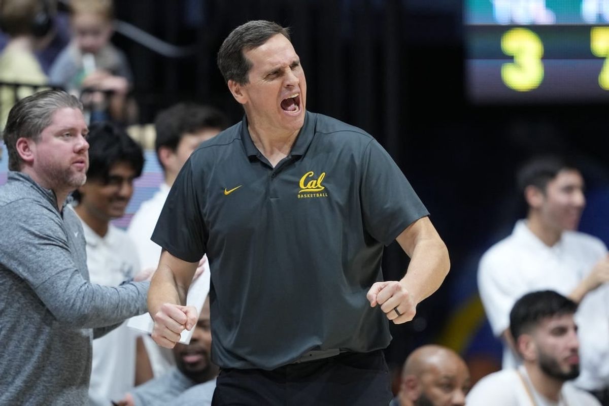 Feb 24, 2024; Berkeley, California, USA; California Golden Bears head coach Mark Madsen reacts during the first half against the Oregon Ducks at Haas Pavilion.