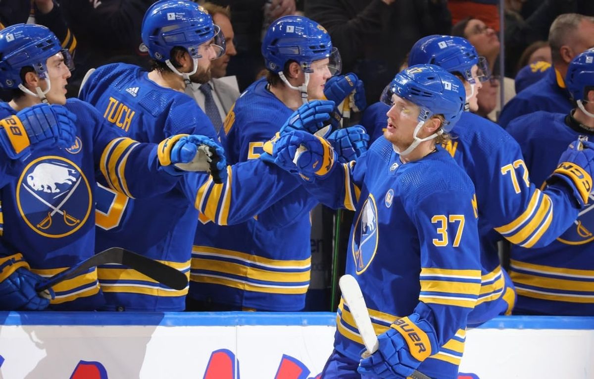 Dec 30, 2023; Buffalo, New York, USA;  Buffalo Sabres center Casey Mittelstadt (37) celebrates his goal with teammates during the third period against the Columbus Blue Jackets at KeyBank Center.