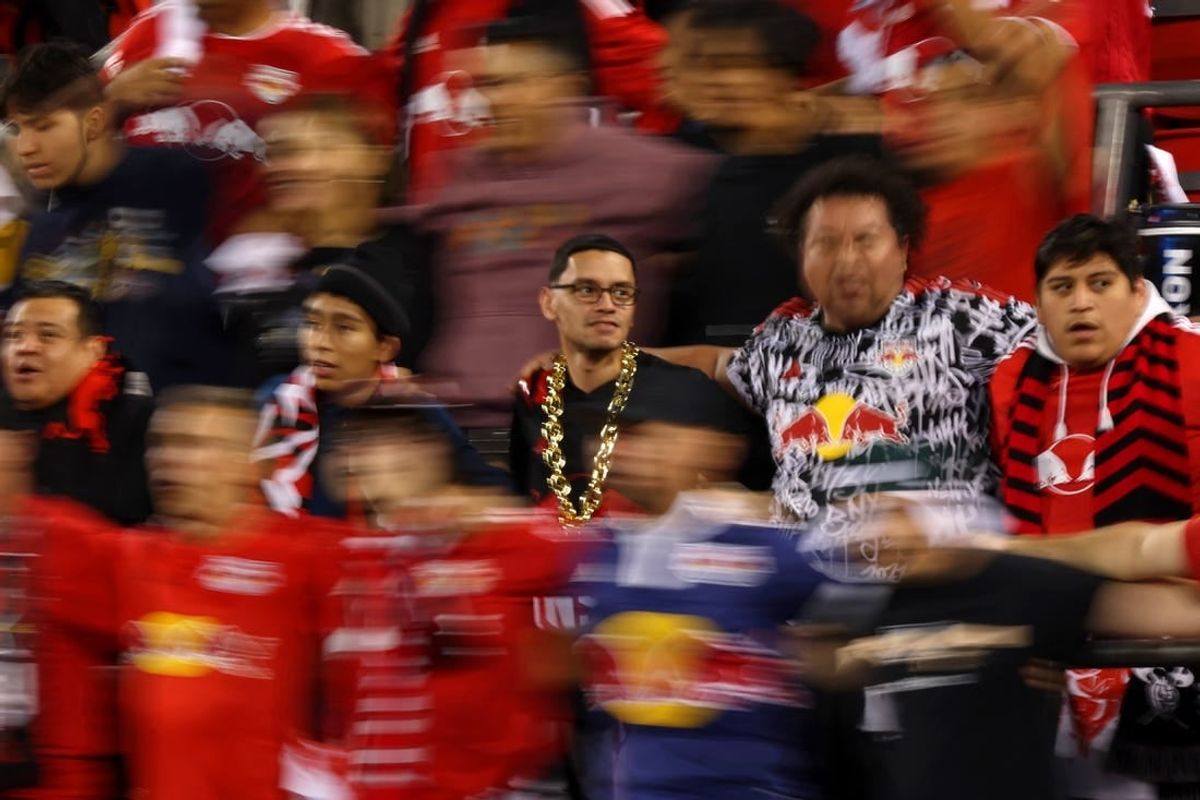 Oct 25, 2023; Harrison, NJ, USA; New York Red Bulls fans cheer during the first in the Eastern Conference Wild Card match of the 2023 MLS Cup Playoffs at Red Bull Arena.