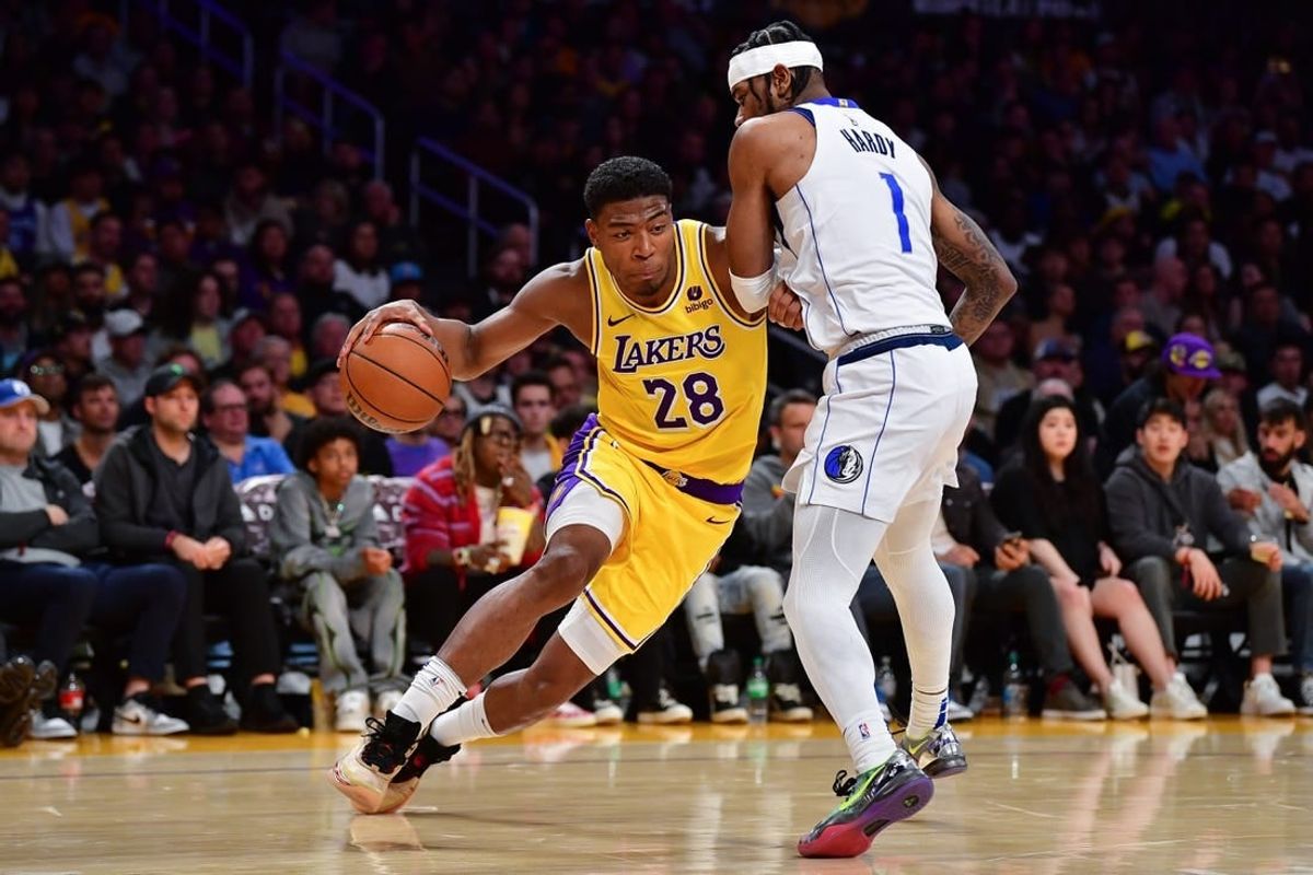Nov 22, 2023; Los Angeles, California, USA; Los Angeles Lakers forward Rui Hachimura (28) moves to the basket against Dallas Mavericks guard Jaden Hardy (1) during the second half at Crypto.com Arena.