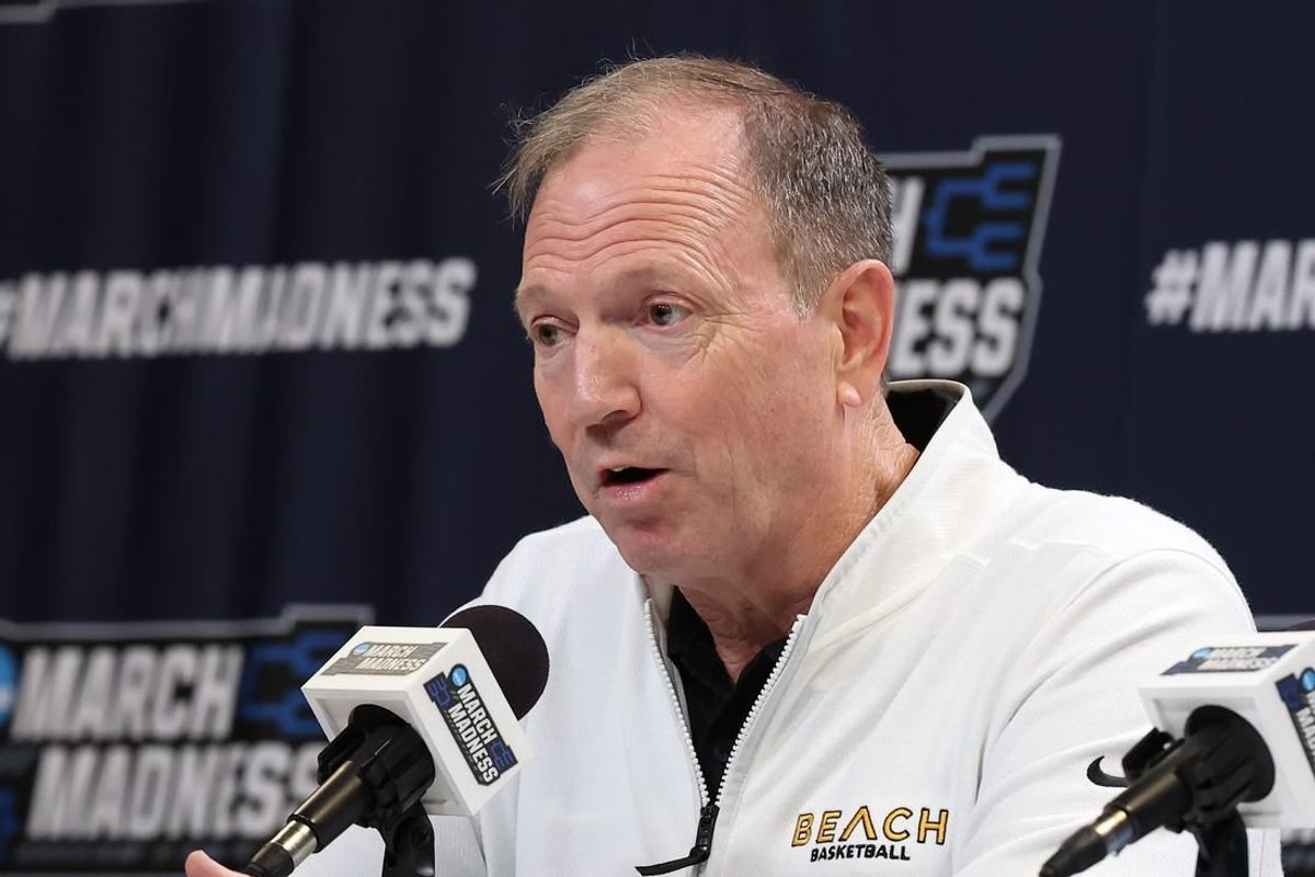 Mar 20, 2024; Salt Lake City, UT, USA; Long Beach State 49ers head coach Dan Monson addresses the media during the NCAA first round practice session at Delta Center.