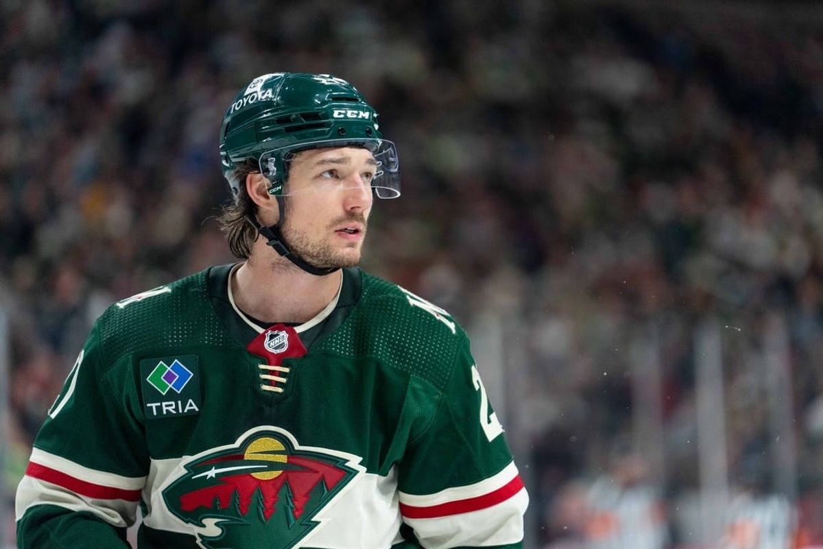 Mar 3, 2024; Saint Paul, Minnesota, USA; Minnesota Wild right wing Brandon Duhaime (21) during a break in the action agains the San Jose Sharks in the third period at Xcel Energy Center.