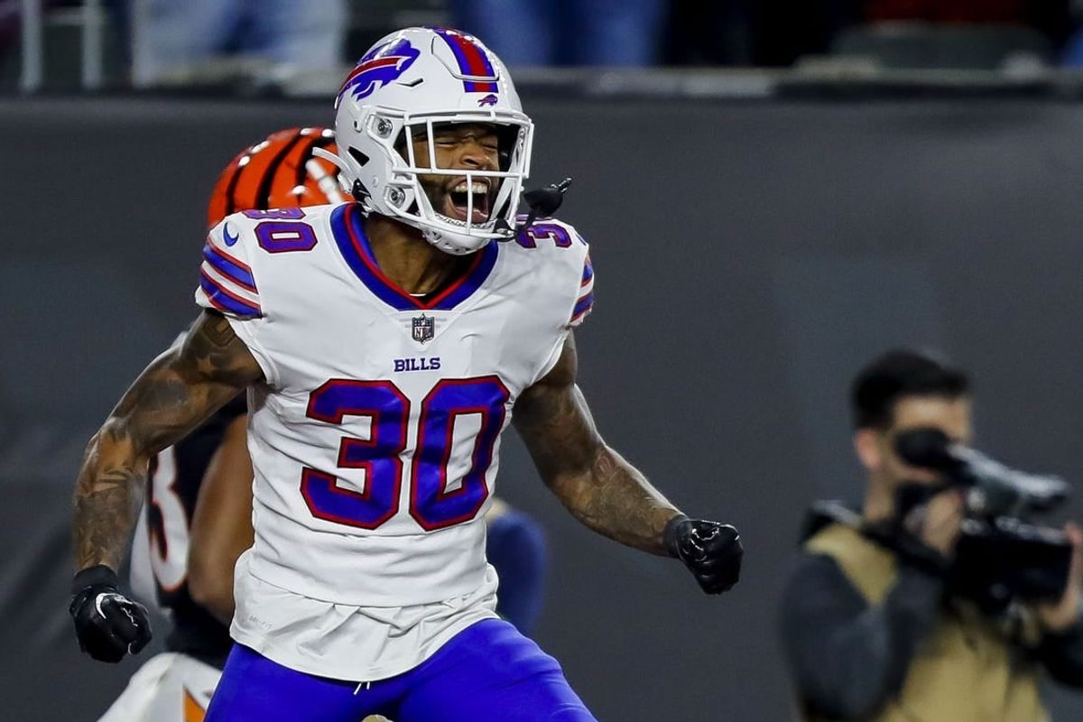 Nov 5, 2023; Cincinnati, Ohio, USA; Buffalo Bills cornerback Dane Jackson (30) reacts after breaking up a pass intended for Cincinnati Bengals wide receiver Tyler Boyd (not pictured) in the first half at Paycor Stadium.