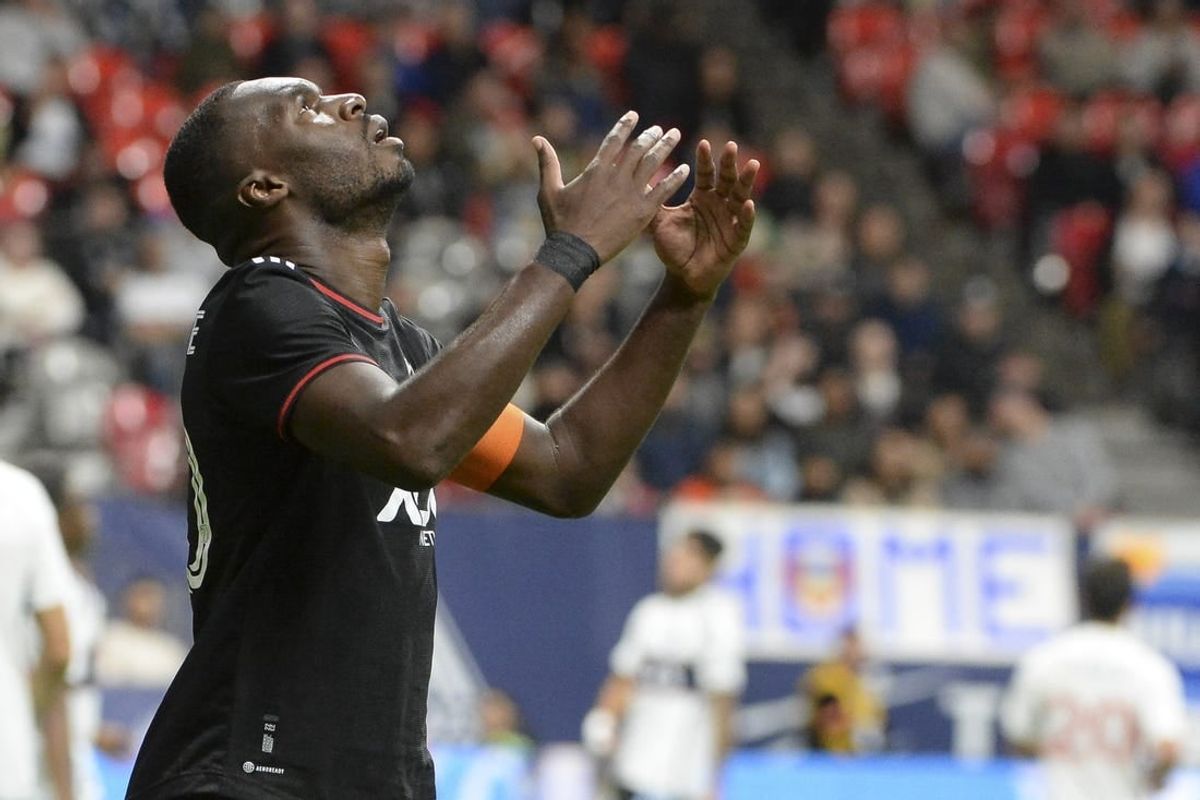Sep 30, 2023; Vancouver, British Columbia, CAN;  D.C. United forward Christian Benteke (20) reacts during the second half against the Vancouver Whitecaps FC at BC Place.
