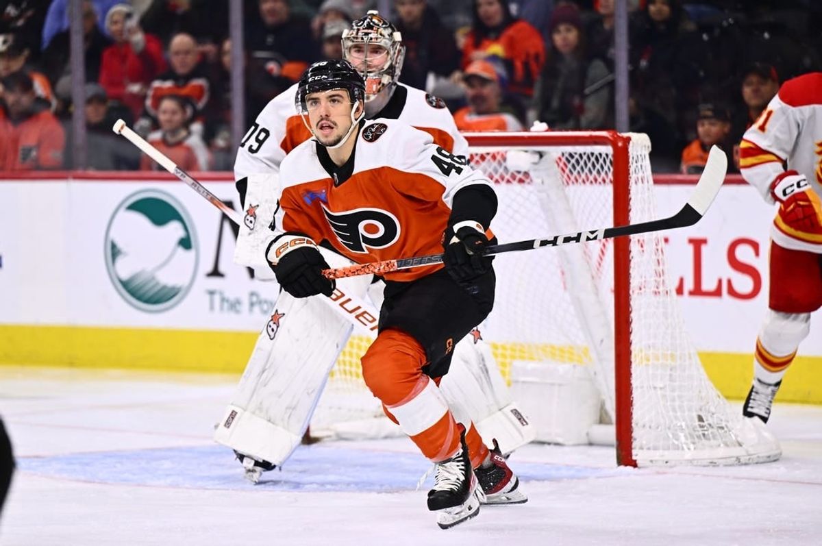 Jan 6, 2024; Philadelphia, Pennsylvania, USA; Philadelphia Flyers center Morgan Frost (48) in action against the Calgary Flames in the first period at Wells Fargo Center.
