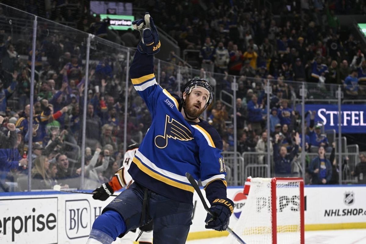 Mar 17, 2024; St. Louis, Missouri, USA; St. Louis Blues right wing Kevin Hayes (12) reacts after scoring a goal against the Anaheim Ducks during the second period at Enterprise Center.