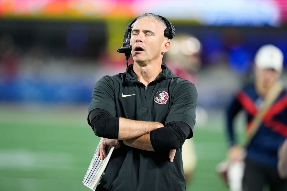 Dec 2, 2023; Charlotte, NC, USA; Florida State Seminoles head coach Mike Norvell reacts on the sidelines during the second quarter against the Louisville Cardinalsat Bank of America Stadium.