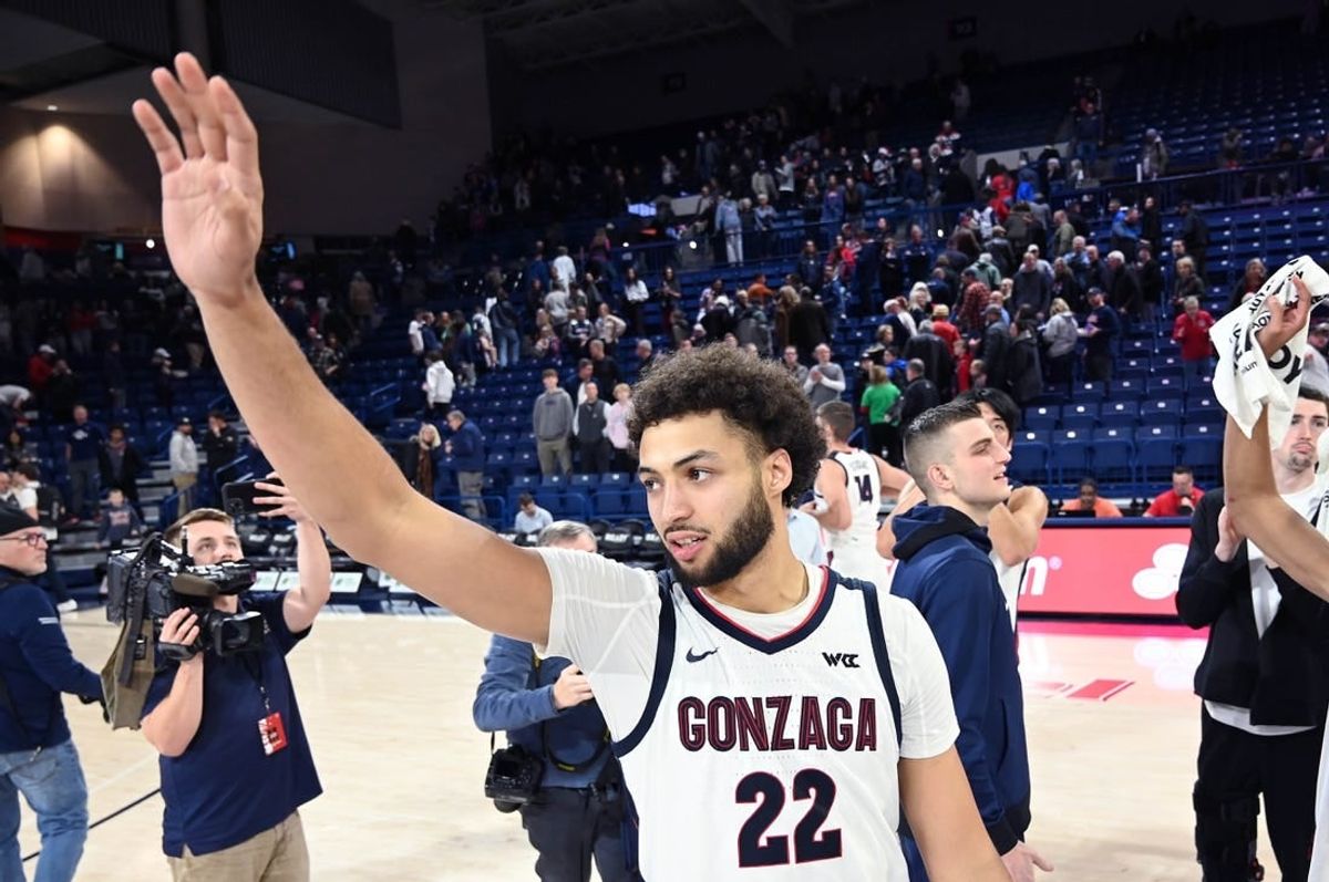 Dec 20, 2023; Spokane, Washington, USA; Gonzaga Bulldogs forward Anton Watson (22) waves to the crowd after a game against the Jackson State Tigers at McCarthey Athletic Center. Gonzaga won 100-76.