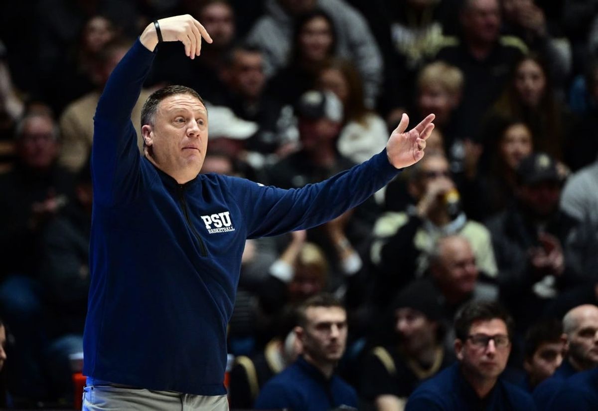 Jan 13, 2024; West Lafayette, Indiana, USA; Penn State Nittany Lions head coach Mike Rhoades reacts during the first half against the Purdue Boilermakers at Mackey Arena.