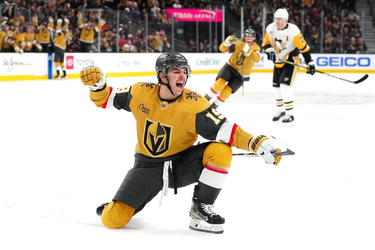 Jan 20, 2024; Las Vegas, Nevada, USA; Vegas Golden Knights center Brendan Brisson (19) celebrates after scoring his first career NHL goal against the Pittsburgh Penguins during the third period at T-Mobile Arena.