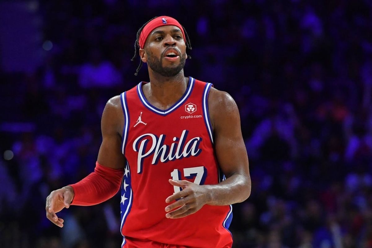 Feb 9, 2024; Philadelphia, Pennsylvania, USA;  Philadelphia 76ers guard Buddy Hield (17) against the Atlanta Hawks during the third quarter at Wells Fargo Center.
