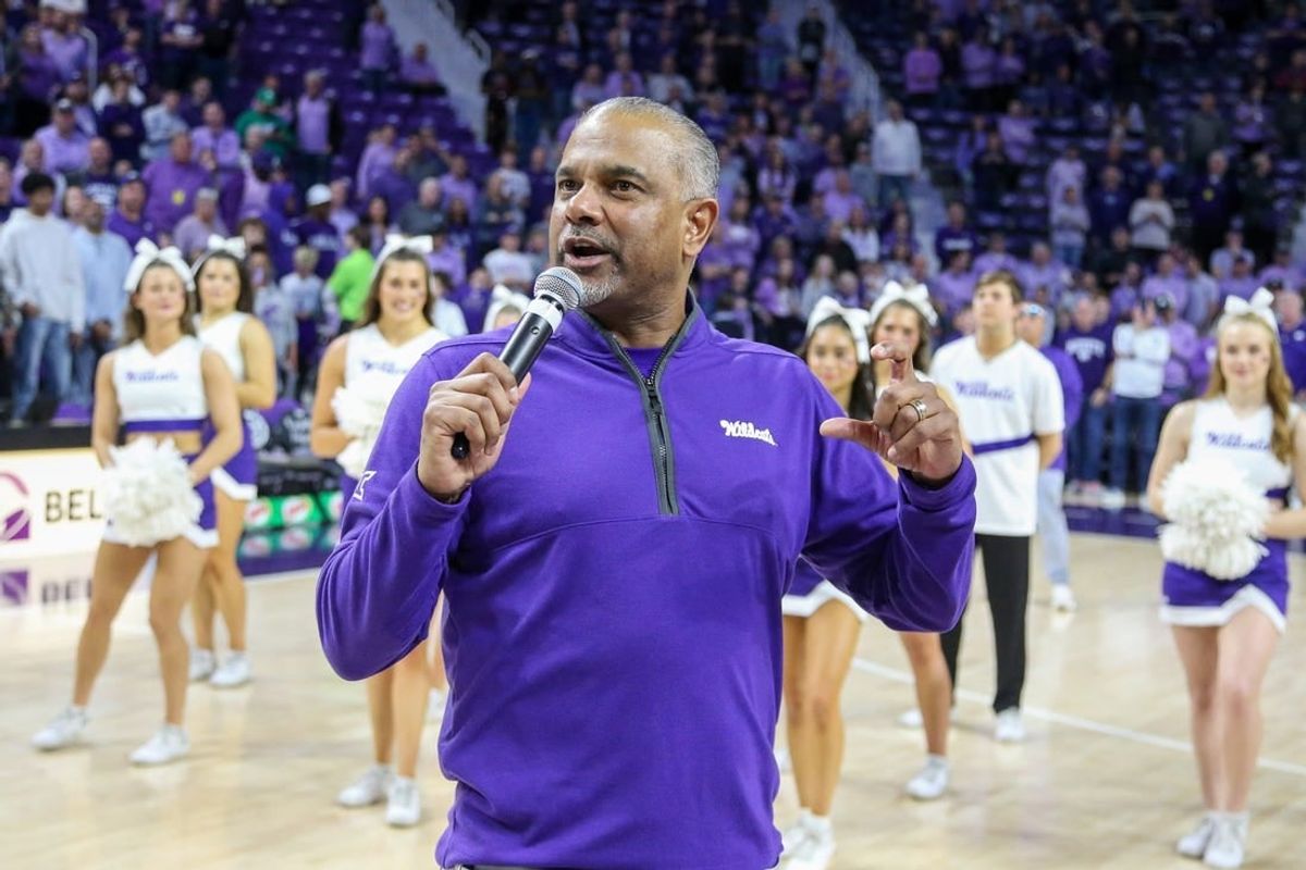 Mar 9, 2024; Manhattan, Kansas, USA; Kansas State Wildcats head coach Jerome Tang talks to the crowd after a win against the Iowa State Cyclones at Bramlage Coliseum.