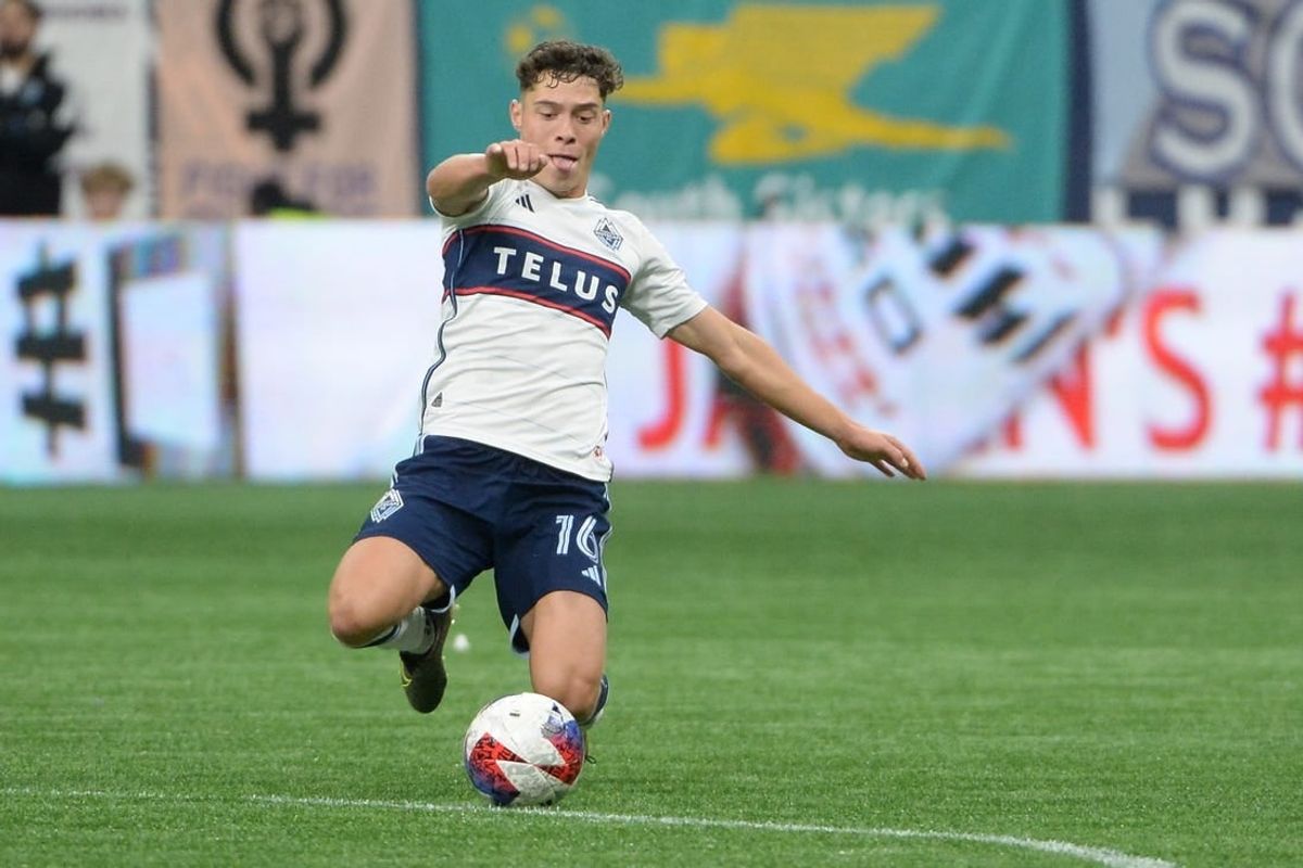 Oct 21, 2023; Vancouver, British Columbia, CAN;  Vancouver Whitecaps FC midfielder Sebastian Berhalter (16) reaches for the ball during the first half against the Los Angeles FC at BC Place.