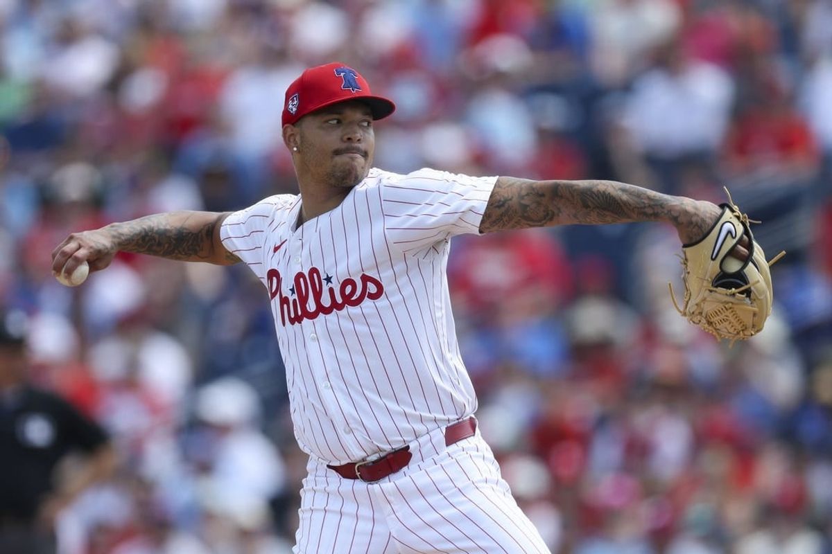 Mar 9, 2024; Clearwater, Florida, USA;  Philadelphia Phillies starting pitcher Taijuan Walker (99) throws a pitch against the Toronto Blue Jays in the first inning at BayCare Ballpark.