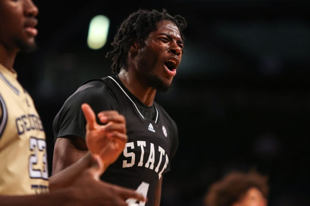 Nov 28, 2023; Atlanta, Georgia, USA; Mississippi State Bulldogs forward Cameron Matthews (4) reacts to a referee against the Georgia Tech Yellow Jackets in the second half at McCamish Pavilion.