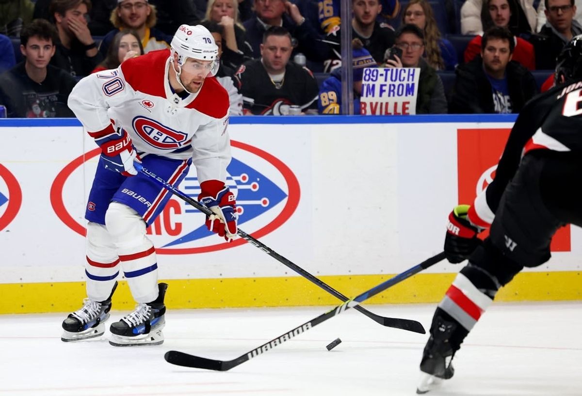 Dec 9, 2023; Buffalo, New York, USA;  Montreal Canadiens left wing Tanner Pearson (70) looks to make a pass during the first period against the Buffalo Sabres at KeyBank Center.